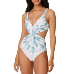 Bar III Spiraling Twist-Front Monokini One-Piece Swimsuit Aqua Blue White Size M